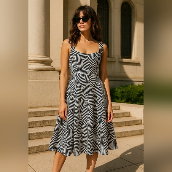 STAUD Wells Navy Mosaic Geometric Fit & Flare Midi Dress Modern Prep